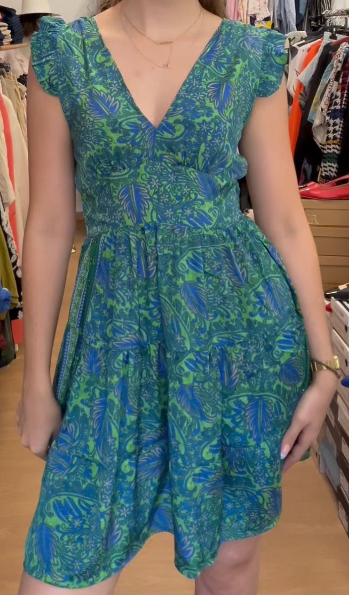 Robe courte GOA verte et bleu imprimée