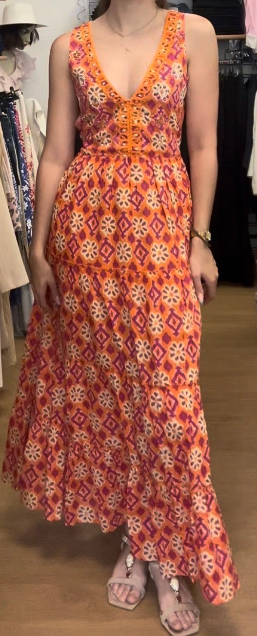 Robe longue GOA orange et fushia imprimée